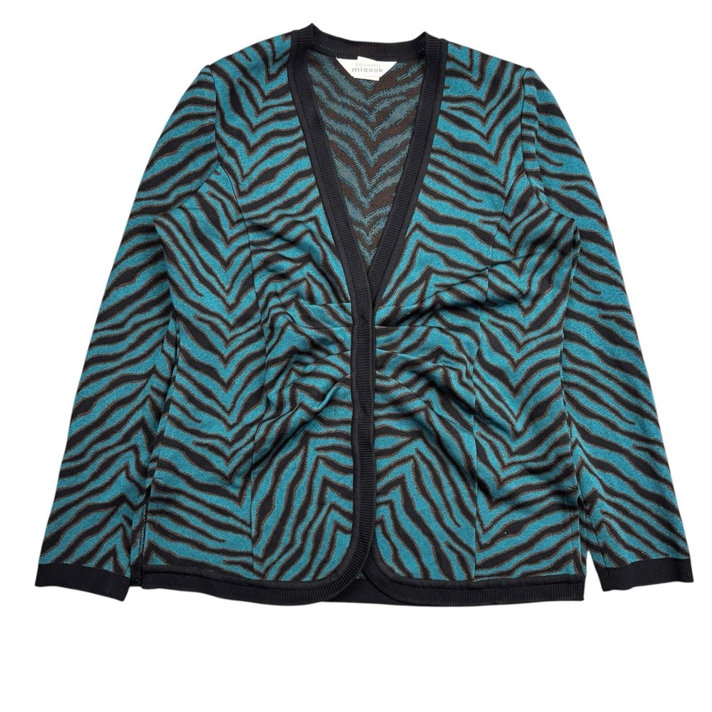 Misook Sweater Jacket Cardigan Women's Small Blue Zebra Print Striped Knit